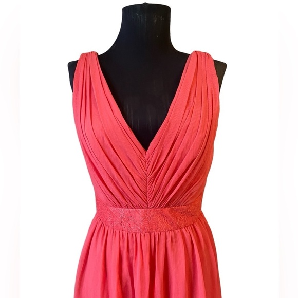 David’s Bridal Long Chiffon Guava Lace Bridesmaid Dress 4 - Picture 7 of 16